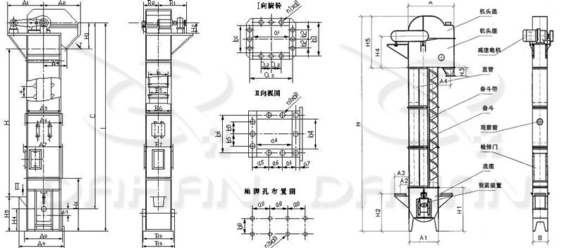 TD/D型斗式提升機基本結構:機頭蓋，機頭座，減速電機，直管，底座，緊張裝置等。