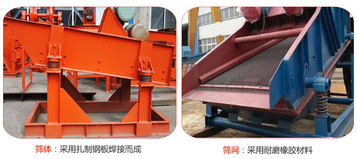礦用振動篩特點：篩體采用扎制鋼板焊接而成，篩網(wǎng)采用耐磨橡膠材質(zhì)