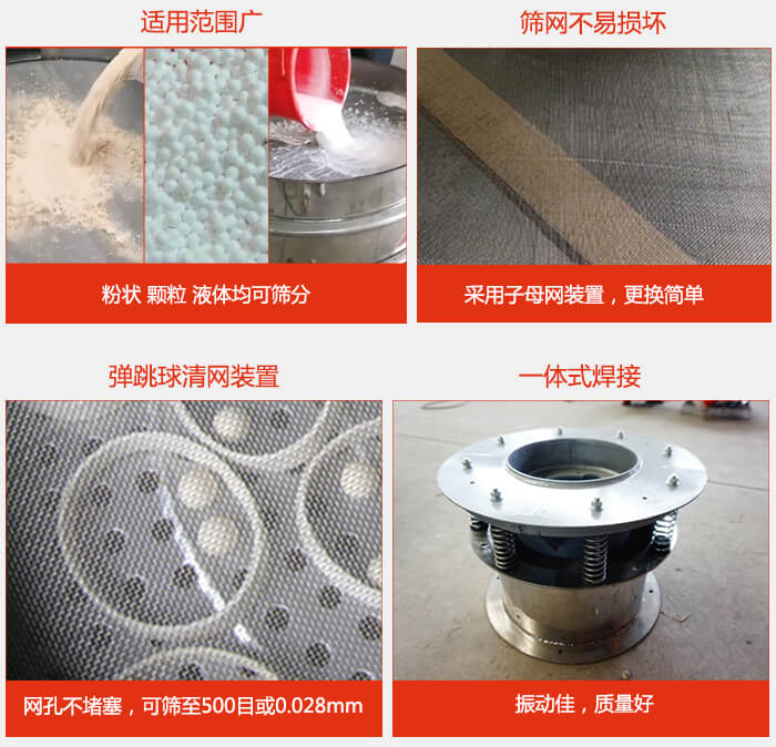 食品振動篩特點：1，效率高？：效率高，設(shè)計精巧耐用，任何粉類，粘液軍可篩分。2，操作簡單采用優(yōu)質(zhì)材料，換網(wǎng)容易，操作簡單，清洗方便。3，網(wǎng)孔不堵塞粉末不飛揚，可篩至500目或0.028mm4，精細(xì)做工產(chǎn)品經(jīng)過嚴(yán)格加工程序，做工精細(xì)美觀耐用。5，獨特網(wǎng)架設(shè)計篩網(wǎng)使用時間長久，換網(wǎng)只需3-5分鐘。