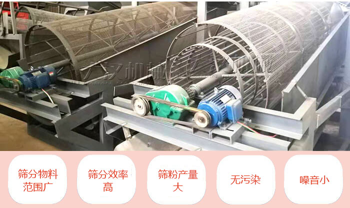 滾筒篩分機(jī)主要特點(diǎn)：篩分物料范圍廣，篩分效率高，篩分產(chǎn)量大，無(wú)污染，噪音小。