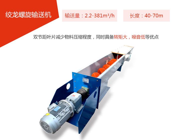 絞龍螺旋輸送機輸送量：2.2-381m3/h 長度：40-70m 雙節(jié)距葉片減少物料壓縮程度，同時具備轉(zhuǎn)矩大，噪音低等優(yōu)點。