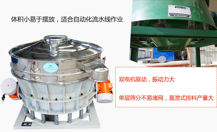 雙電機(jī)驅(qū)動(dòng)，振動(dòng)力大，單層篩分不易堵網(wǎng)，直泄式排料產(chǎn)量大
