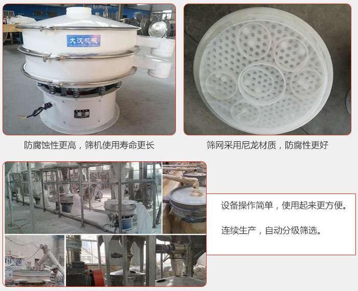 直徑1000型塑料振動(dòng)篩特點(diǎn)：1，防腐蝕性更高，篩機(jī)使用壽命更長(zhǎng).2，篩網(wǎng)采用尼龍材質(zhì)，防腐性更好，3，設(shè)備操作簡(jiǎn)單，使用起來更方便。4，連續(xù)生產(chǎn)，自動(dòng)分級(jí)篩選。