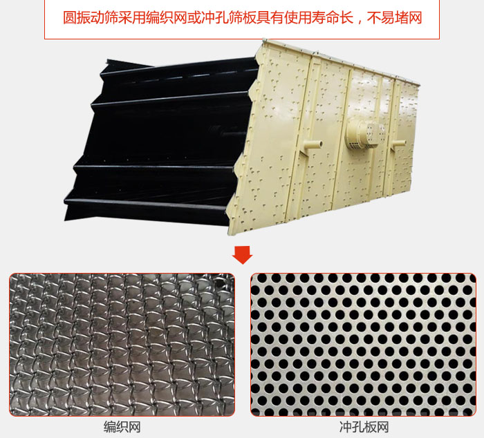 圓振動篩采用編織網(wǎng)或沖孔篩板具有使用壽命長，不易堵網(wǎng)。