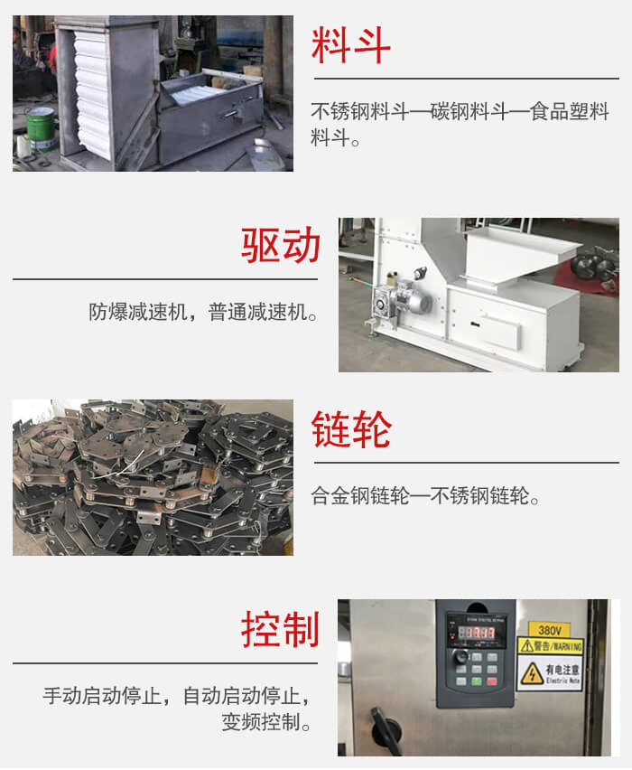 z型斗式提升機(jī)料斗：不銹鋼料斗-碳鋼料斗-食品塑料料斗。驅(qū)動(dòng)裝置采用的式防爆減速機(jī)，普通減速機(jī)兩種。鏈輪采用合金鏈輪-不銹鋼鏈輪控制器：手動(dòng)啟動(dòng)/停止，以及自動(dòng)啟動(dòng)停止。