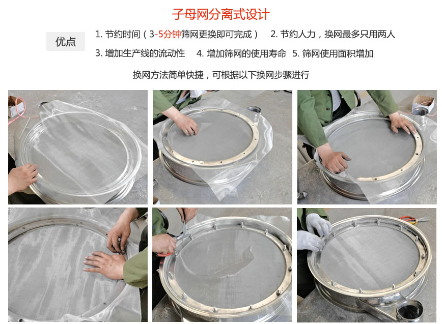 大漢振動機械換網(wǎng)優(yōu)勢：1，節(jié)省時間（3-5分鐘篩網(wǎng)更換即可完成）2，節(jié)省人力，換網(wǎng)只有兩人。3.增加生產(chǎn)線的流暢性。4.增加篩網(wǎng)壽命，彈跳球不直接撞擊子網(wǎng)。5.篩網(wǎng)使用面積增加。