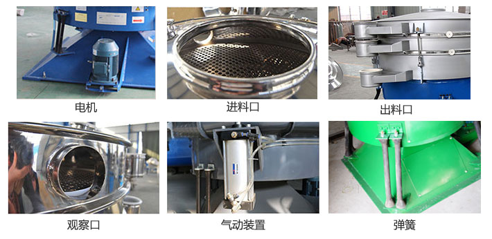 搖擺篩分機(jī)由進(jìn)料口，出料口，觀(guān)察口，電機(jī)，彈簧，氣動(dòng)裝置等部件組成
