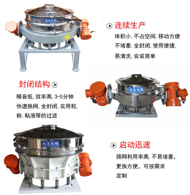 直徑1000mm直排篩特點(diǎn)：連續(xù)生產(chǎn)：體積小，不占空間，移動(dòng)方便，不堵塞，全封閉，使用便捷，易清洗，安裝簡(jiǎn)單。封閉結(jié)構(gòu)：噪音低，效率高，3-5分鐘，快速換網(wǎng)，全封閉，實(shí)用粒，粉粘液等的過(guò)濾。啟動(dòng)迅速：篩網(wǎng)利用率高，不易堵塞，更換方便，可按需求定制。