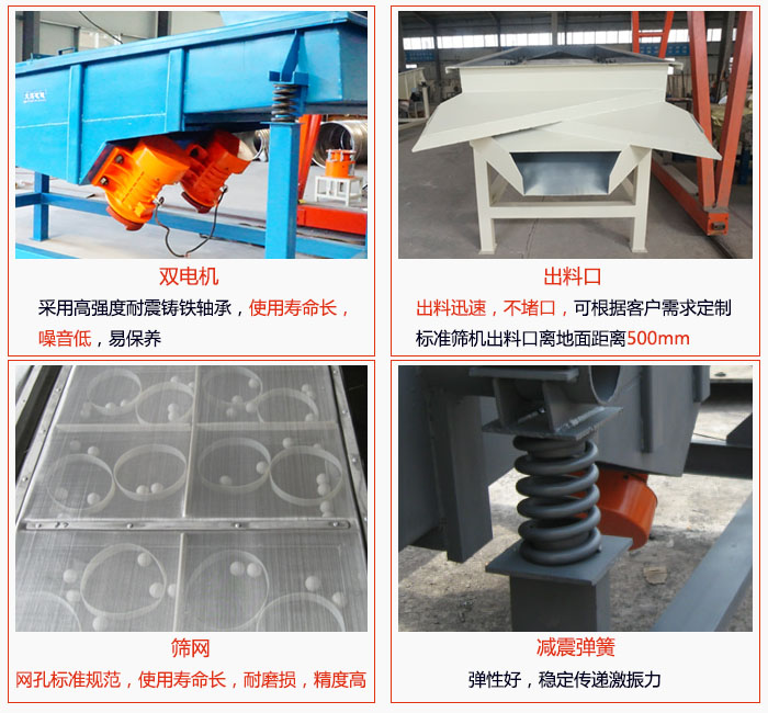 1030直線振動(dòng)篩雙電機(jī)采用高強(qiáng)度耐震鑄鐵軸承使用壽命長(zhǎng)、噪音低，易保養(yǎng)；出料口排料迅速，不堵口，可根據(jù)客戶需求定制，標(biāo)準(zhǔn)機(jī)器出料口離地面距離500mm;篩網(wǎng)網(wǎng)孔標(biāo)準(zhǔn)規(guī)范、使用壽命長(zhǎng)，耐磨損、精度高；減震彈簧：彈性好，穩(wěn)定傳遞激振力。