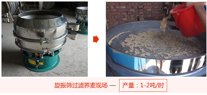 旋振篩過濾蕎麥現(xiàn)場，產(chǎn)量可達(dá)2噸每小時。