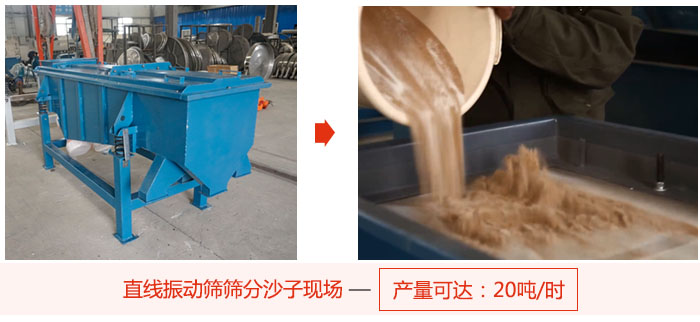 直線振動篩篩分沙子現(xiàn)場展示，產(chǎn)量高達(dá)20噸每小時。