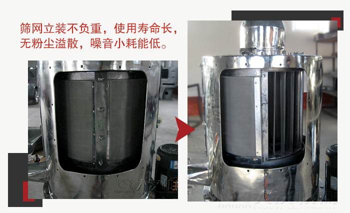 氣流篩采用立式篩網(wǎng)，不受物料的沖擊力的影響，篩網(wǎng)使用壽命長