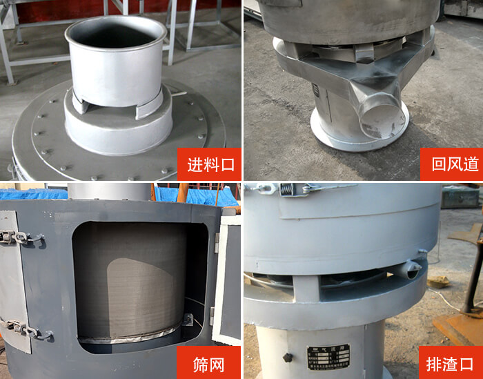 氣流篩分機(jī)進(jìn)料口，回風(fēng)道，篩網(wǎng)，排渣口。