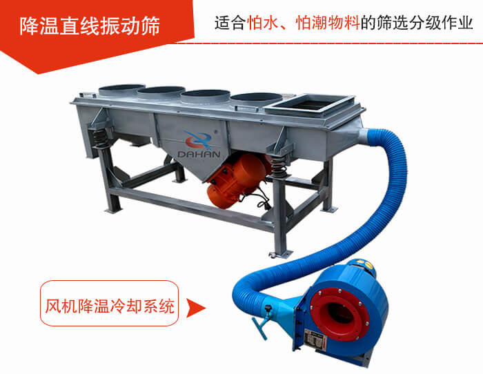 降溫直線振動篩加裝風(fēng)機或水箱降溫方式完成物料的降溫需求。