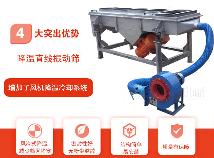 降溫直線振動篩性能特點：1，技術(shù)成熟，質(zhì)量可靠，篩分精度高，處理量大。2，風(fēng)冷式降溫系統(tǒng)設(shè)計，快速有效降溫。3，適用范圍廣，可應(yīng)用于各種需要降溫的物料。4，設(shè)計精巧合理，結(jié)構(gòu)簡單，易安裝，耗能少，噪音低5，篩網(wǎng)使用壽命長，換網(wǎng)更方便，快捷6，設(shè)備整體密封性好，無粉塵溢散。