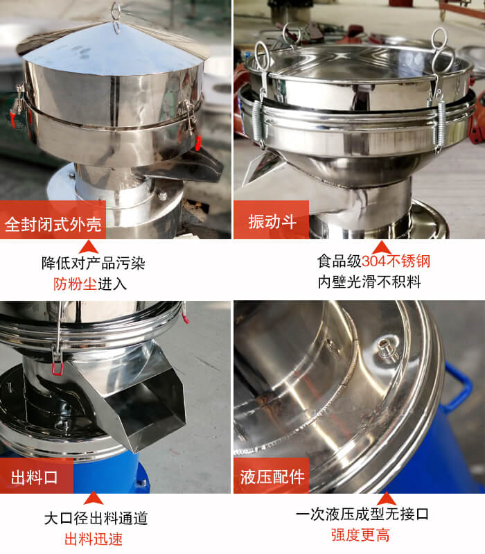 450過濾篩機(jī)結(jié)構(gòu)組成：全封閉式外殼設(shè)計：對產(chǎn)品的污染低，防塵粉進(jìn)入電機(jī)內(nèi)部延長設(shè)備壽命。振動斗：食品304不銹鋼篩斗，內(nèi)壁光滑不存在積料現(xiàn)象。出料口，大口徑出料通道，出料迅速，提高工作效率。液壓配件：一次液壓成型無接口強(qiáng)度更高。