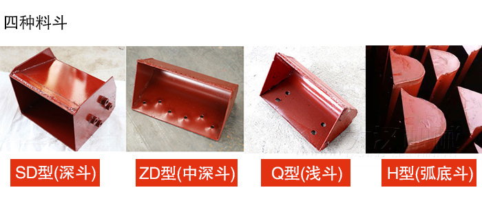 四種料斗Q(chēng)型(淺斗)、H型(弧底斗)、ZD型(中深斗)SD型(深斗)展示圖