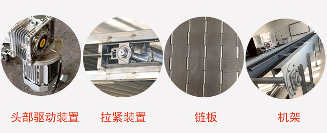 鏈板輸送機結(jié)構：頭部驅(qū)動裝置，拉緊裝置，鏈板，機架等圖片展示