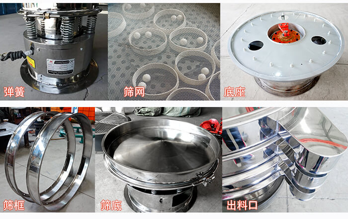 細(xì)節(jié)展示：篩框，篩網(wǎng)，振動底座，振動體，出料口。
