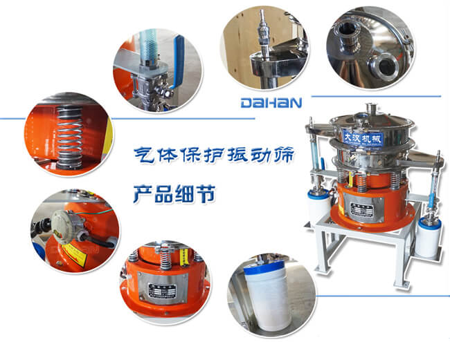 氣體保護(hù)振動篩細(xì)節(jié)：振動彈簧，手動閥門，料罐等。