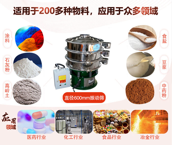 直徑600mm振動(dòng)篩使用的行業(yè):醫(yī)藥行業(yè)，公害處理，食品行業(yè)，化工行業(yè)。