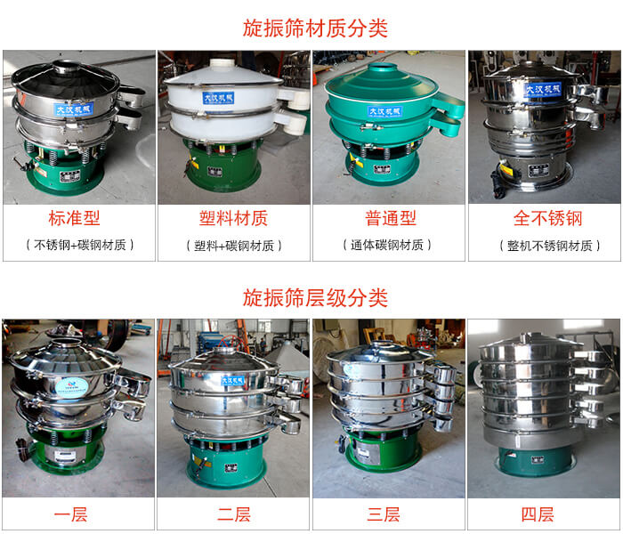 旋振篩材質分類：塑料，全不銹鋼等旋振篩層級分類：一層，兩層，三層，四層等。